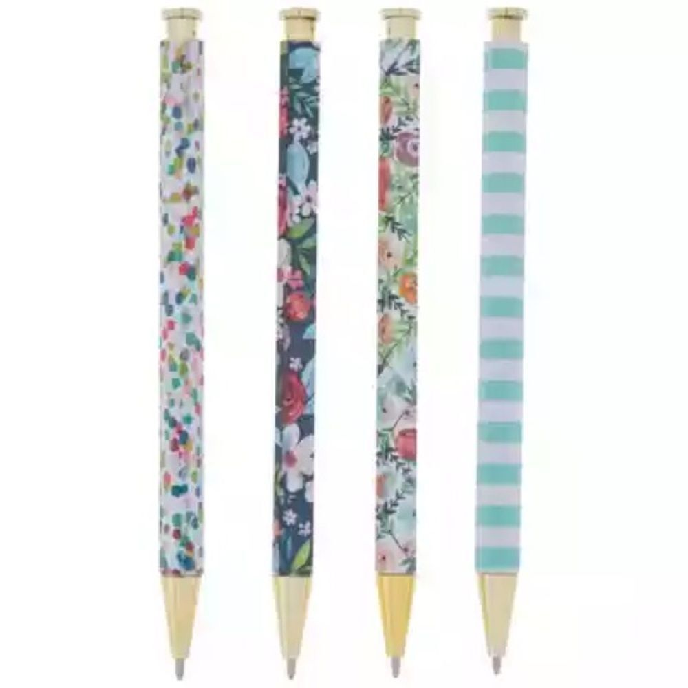 New 4 pc Floral & Stripe Ballpoint Pen Set - Teal, Navy, Multicolor